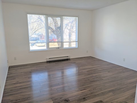 an empty living room with wood floors and a window