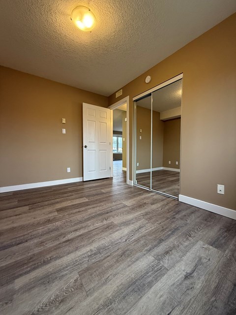 A room with a wooden floor and a white door.