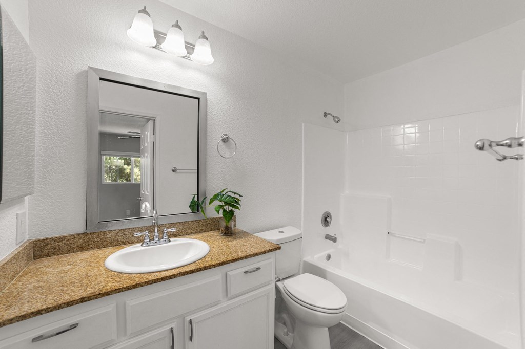 A bathroom with a sink, mirror, toilet and bathtub.