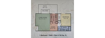 A floor plan of a one bedroom apartment with a living room, kitchen, dining room, and bathroom.