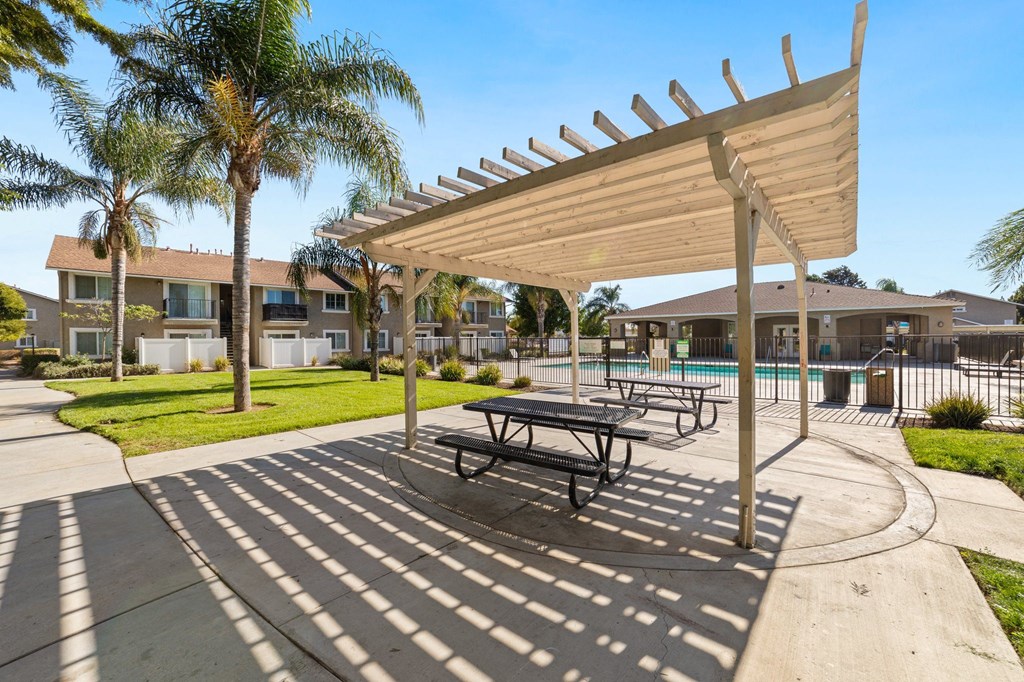 A sunny day at the outdoor picnic area with a shaded table and benches.