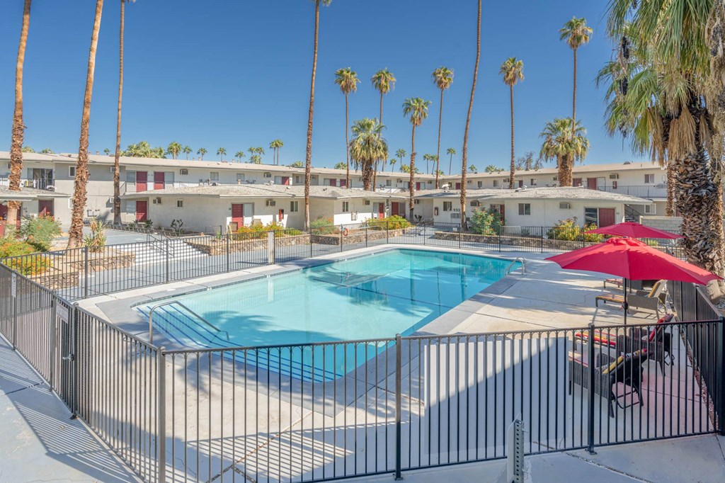a swimming pool at a resort with palm trees