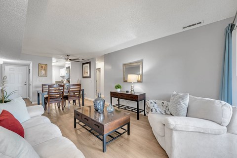 a living room and dining room with a couch and a table