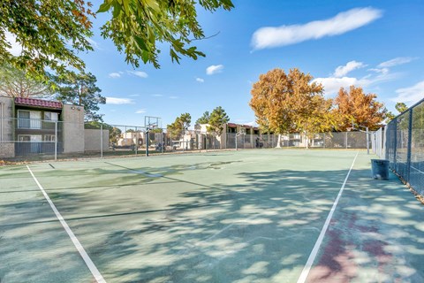 a tennis court with a fence around it and trees