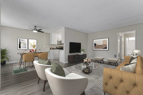 a living room and dining room with couches and chairs