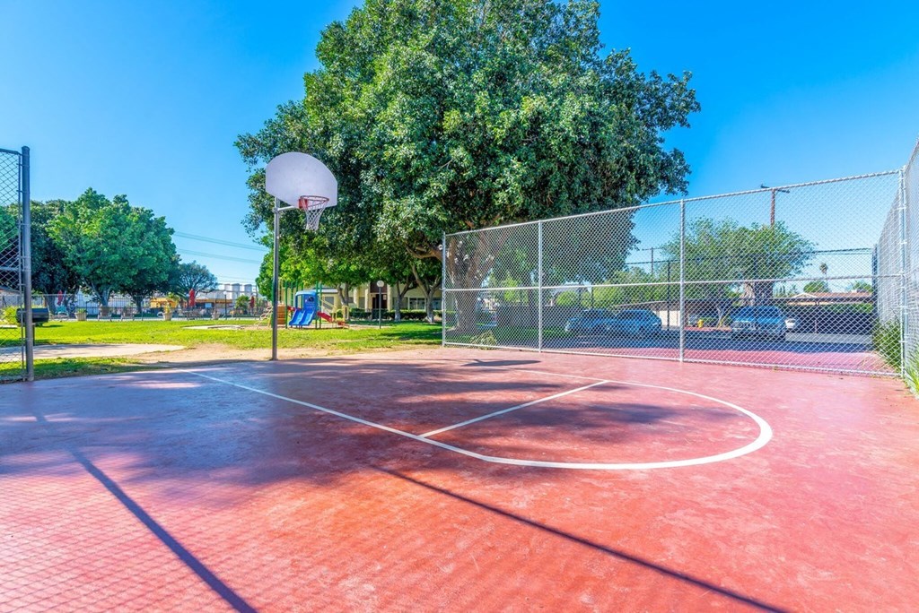 A basketball court with a basketball hoop and a chain link fence.