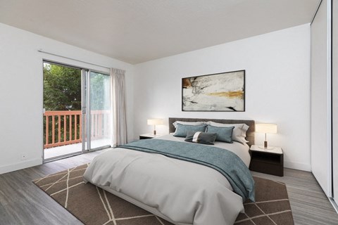 a bedroom with a bed and a sliding glass door