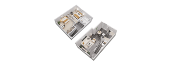 a bedroom and a living room are divided by a staircase