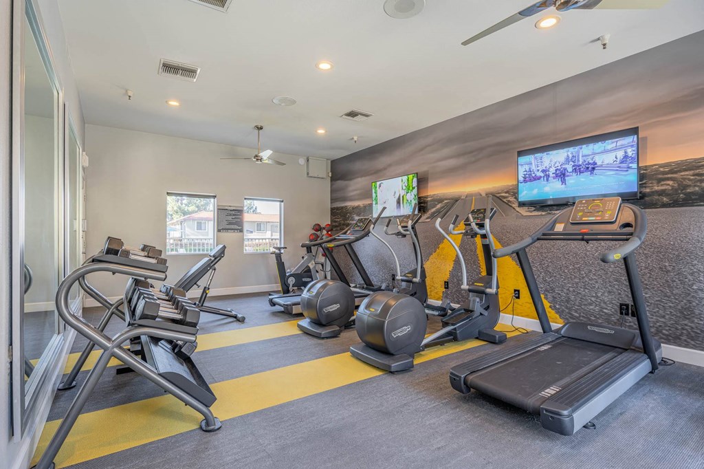 a gym with treadmills and weights and a tv