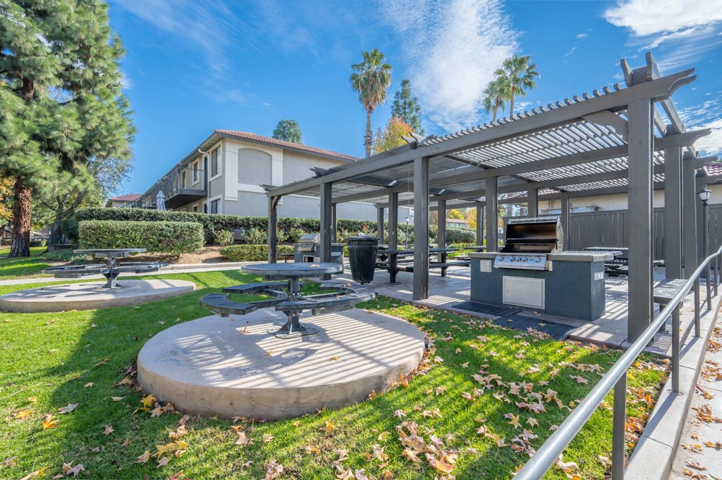 a picnic area with picnic tables and a grill
