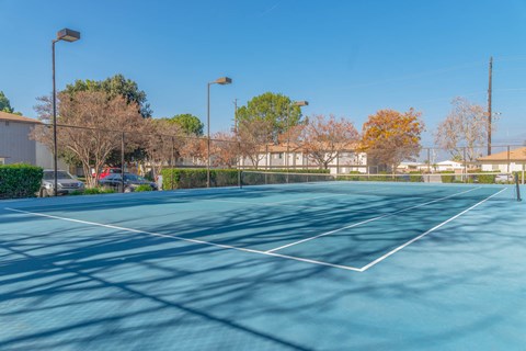 A tennis court with a blue surface and white lines.