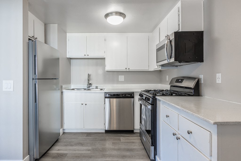 Kitchen with fridge and stovetop