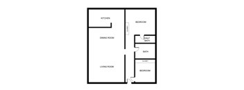 A floor plan of a house with a living room, dining room, kitchen, and two bedrooms.