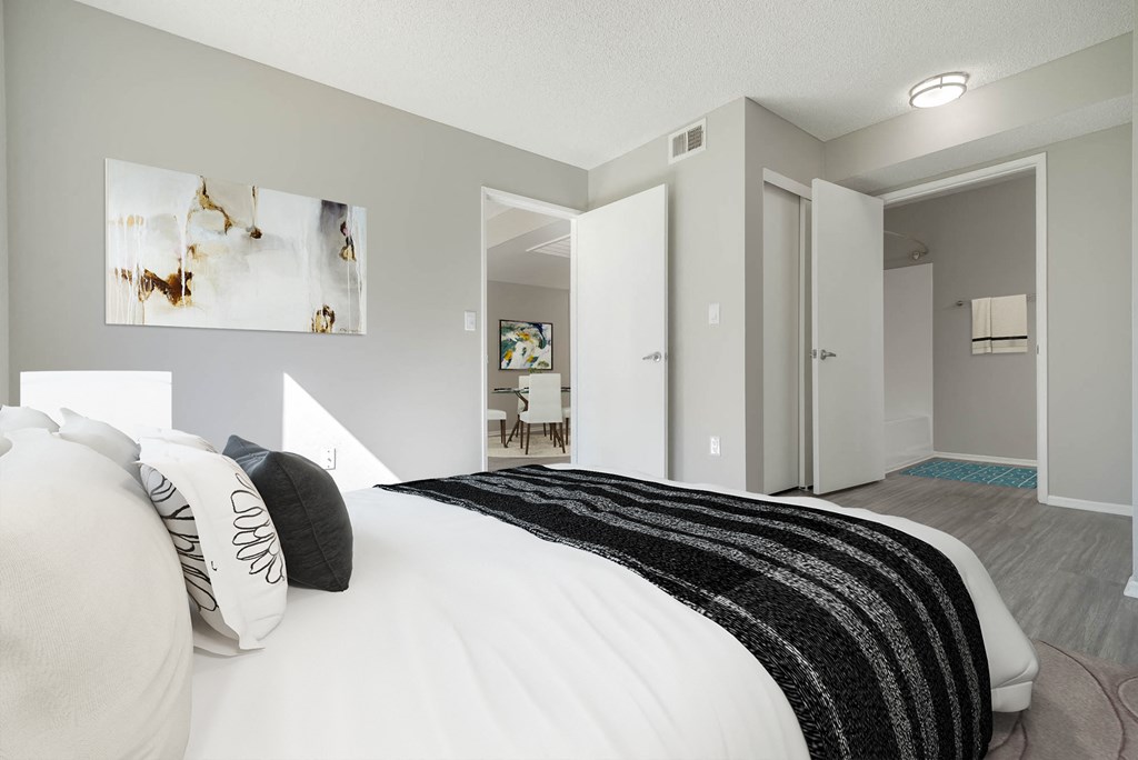 a bedroom with a large bed and a closet