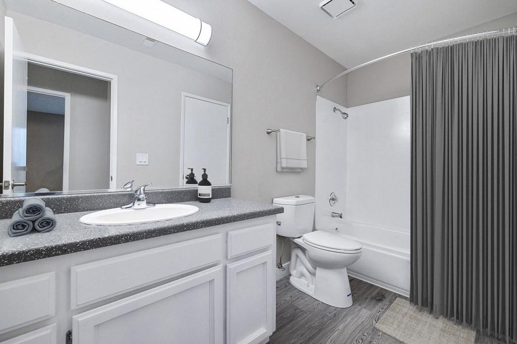 A bathroom with a toilet, sink, and mirror.