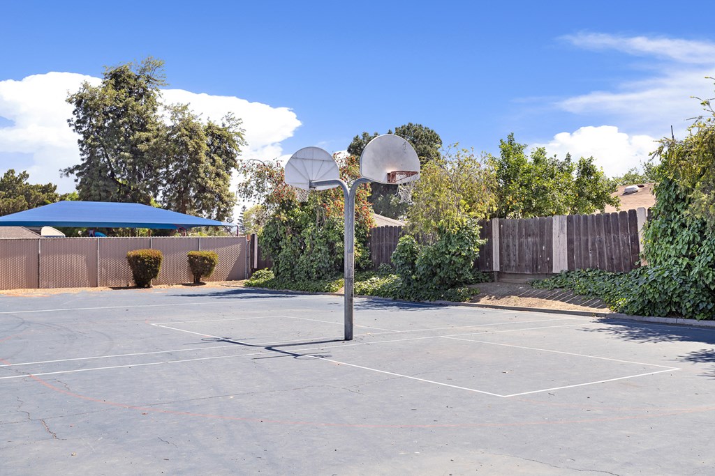 a basketball court in a backyard with a fence and trees