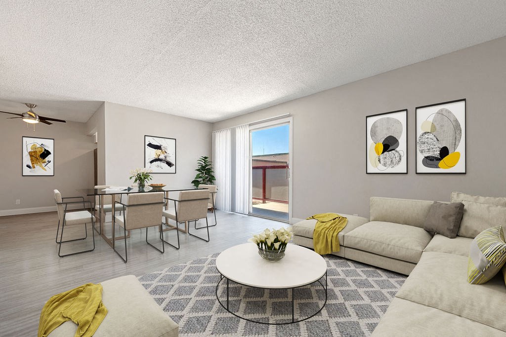 a living room with a couch and a table