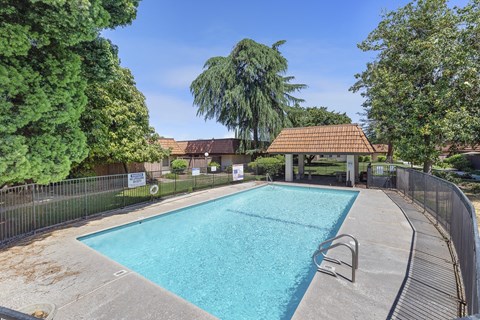 a swimming pool with a gazebo and trees in the background