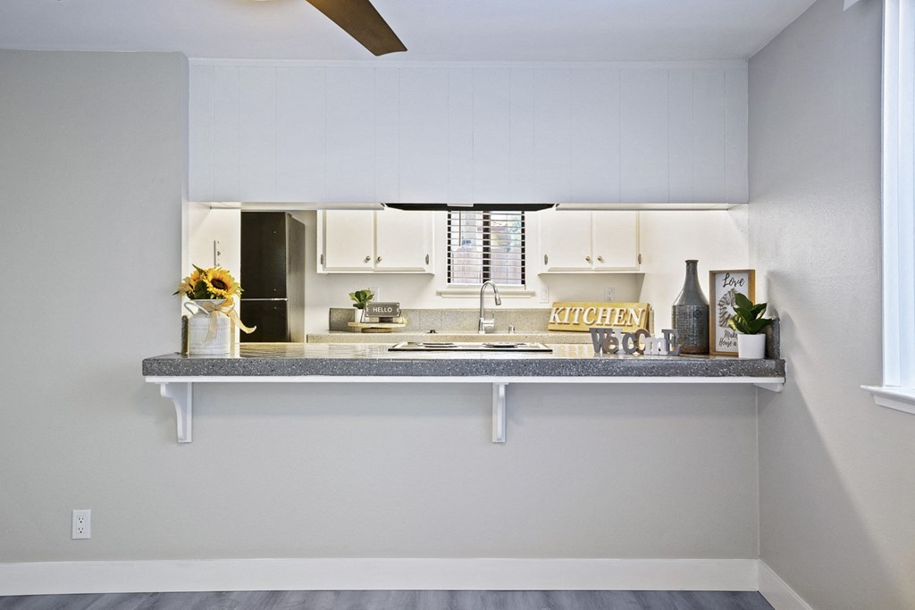 a kitchen with white cabinets and a counter top and a sink