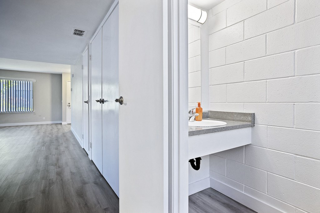 a hallway with a sink and a mirror in a house