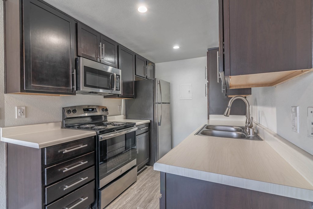 a kitchen with stainless steel appliances and black cabinets
