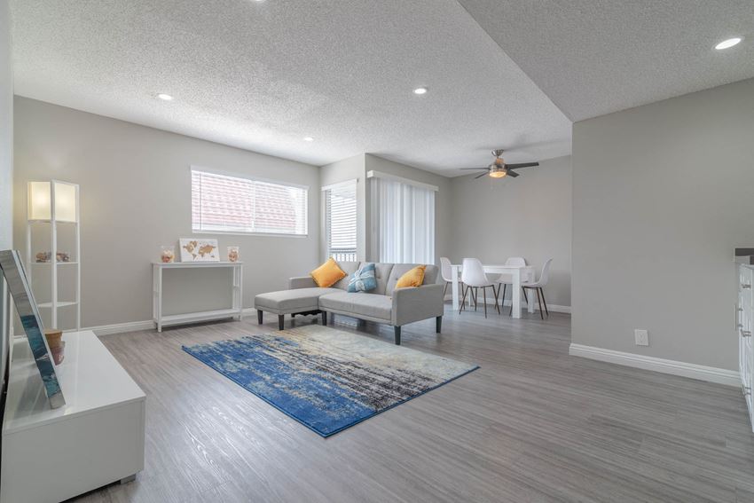 a living room with a couch and a rug
