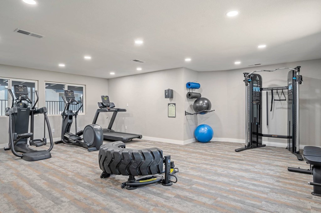 A well-equipped gym with a variety of exercise machines and equipment.