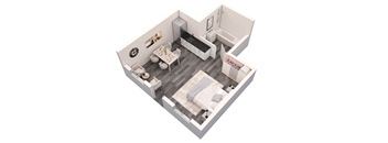 an overhead view of the bedroom and living room