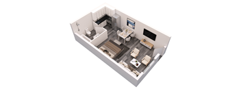 an overhead view of the living room and dining room of this two bedroom apartment