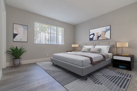 a bedroom with a bed and a rug and a window