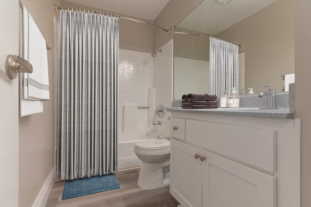 a bathroom with a shower curtain and a toilet and a sink