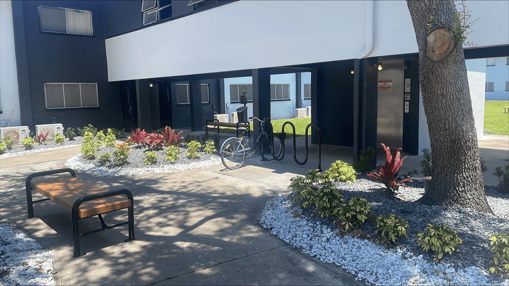 a bike parked in front of a building