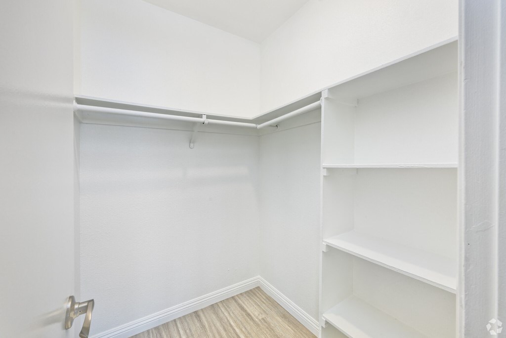 A white closet with shelves and a door.