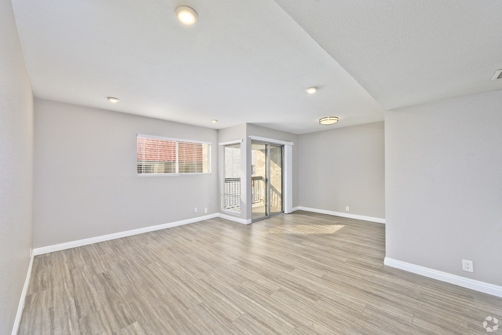 A room with light grey walls and wooden flooring with a doorway leading to another room.