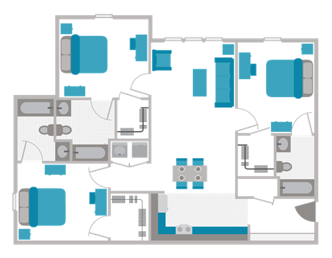 A graphic representation of a building layout with various rooms and furniture.