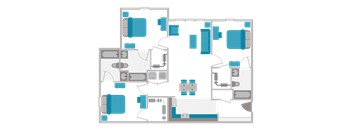 A graphic representation of a building layout with various rooms and furniture.