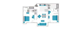 A floor plan of a house with a kitchen, living room, and two bedrooms.