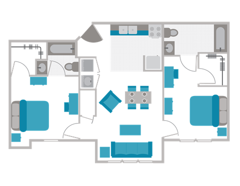 A floor plan of a house with a kitchen, living room, and two bedrooms.