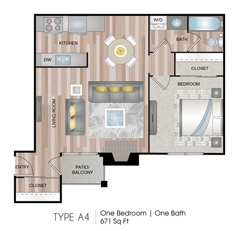 1 bed 1 bath floor plan at Abbey Glenn Apartments, Waco, Texas