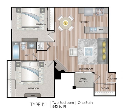 2 bed 1 bath floor plan at Abbey Glenn Apartments, Waco