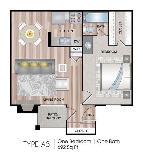 1 bed 1 bath floor plan A at Abbey Glenn Apartments, Waco, Texas