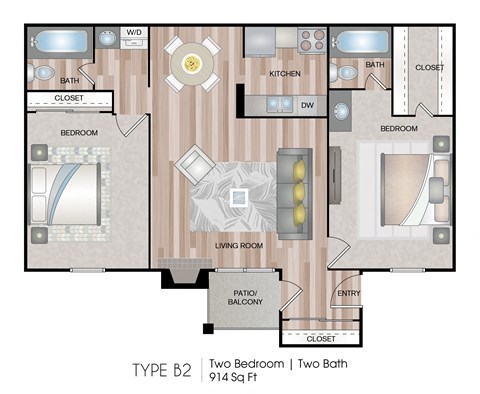 2 bed 2 bath floor plan A at Abbey Glenn Apartments, Texas, 76706
