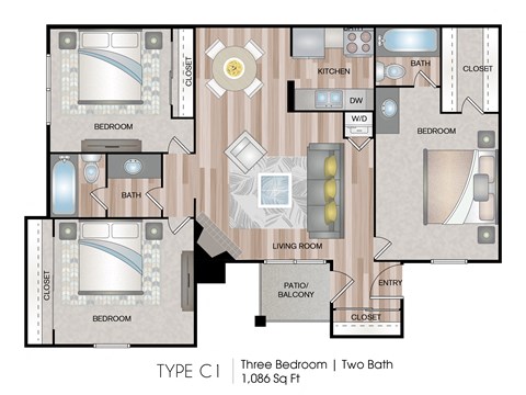3 bed 2 bath floor plan at Abbey Glenn Apartments, Waco, TX