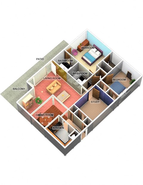 3 Bed, 2 Bath Floor Plan at Longfellow Apts, Beaumont, TX, 77706