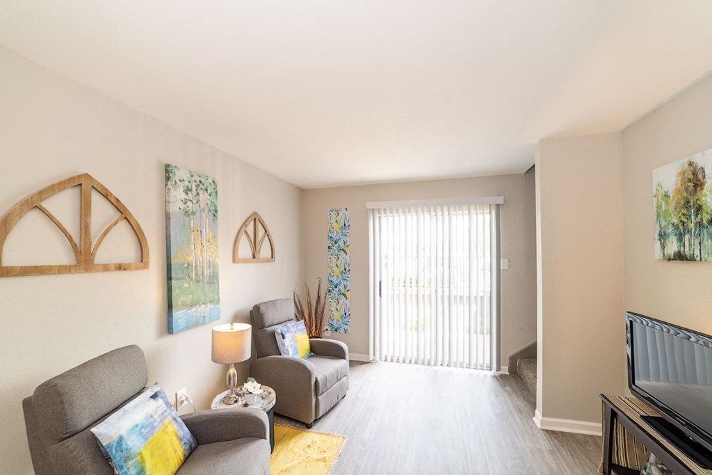 Glass Door, Sofa, TV in Living Room at Autumn Park, Texas