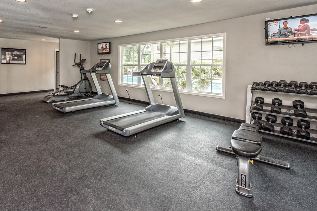 Free Weights In Gym at Abbey Glenn Apartments, Waco, TX