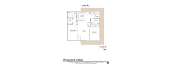 A floor plan for Rosewood Village shows two bedrooms and two bathrooms.