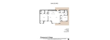 A floor plan for a Rosewood Village unit with a living room, dining room, kitchen, two bedrooms, and a bathroom.