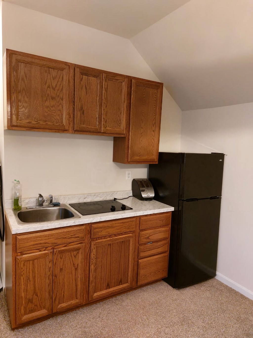 A kitchen with a black refrigerator and wooden cabinets.