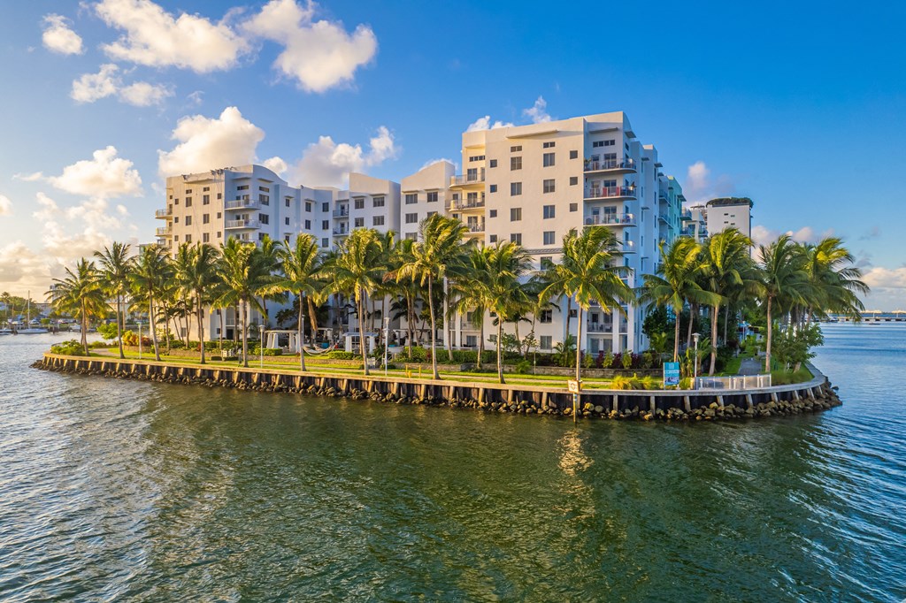 a group of palm trees in front of some buildings on the water
